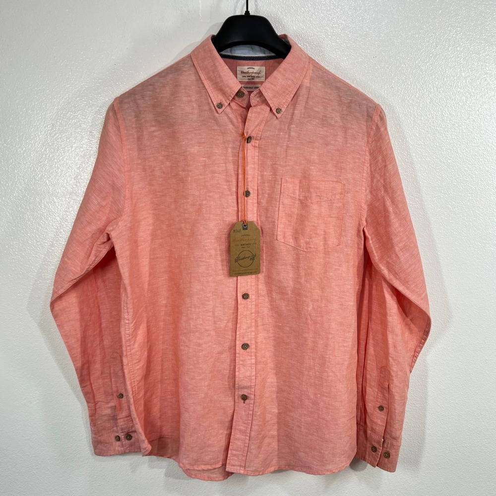 Weatherproof Vintage Washable Linen Button Down Shirt Mens L Coral Salmon NWT